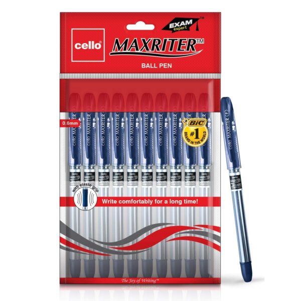 Cello Maxriter Ball Pen | Pack of 10 | Blue Ball Pens | Lightweight Ball Pens for Pressure Free & Fine Writing | Elasto Grip for Comfort | Ball Pens with Lubriflow Ink System Pens